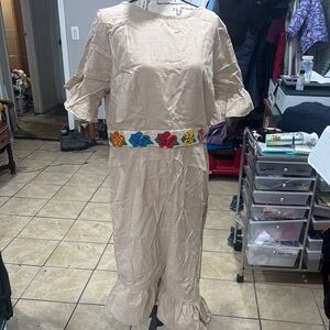 Tan Dress with Floral Embroidery